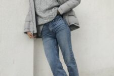 a grey winter look with a patterned sweater, a cropped puffer jacket, snakeskin print boots and blue jeans