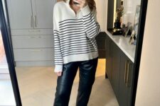 a white Breton stripe sweater, black leather pants, white slippers are a great combo for fall or winter