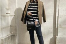 a white shirt, a Breton stripe sweater, grey jeans, black boots, a beige blazer and a black bag for work
