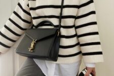 a white shirt, a Breton sweater, grey straight leg jeans, black sneakers and a black bag for the fall