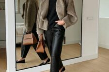 a white t-shirt, a black pullover, black leather pants, black loafers, a grey cropped coat and a camel bag