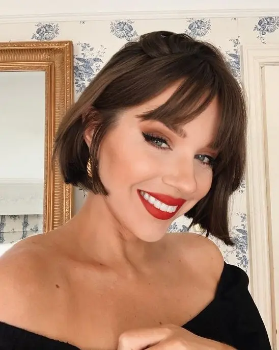 An elegant brunette jaw line bob with bottleneck bangs and dimension is a cool idea to rock right now