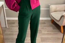 06 a jewel tone outfit with a magenta shirt, green high waisted pants, gold shoes is a bold idea for the fall