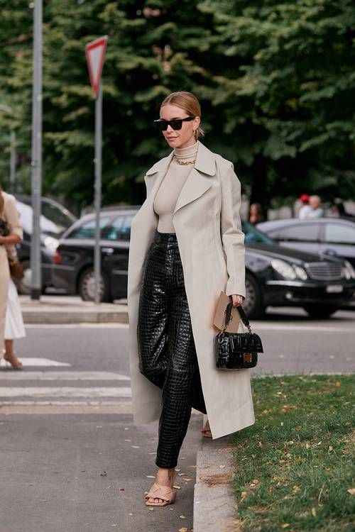 a stylish office look with a neutral turtleneck, black croco leather pants, nude heels, a neutral trench and a black bag