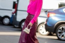 10 a magenta blouse, a burgundy leather midi skirt, white boots and a mini bag are a beautiful combo for work