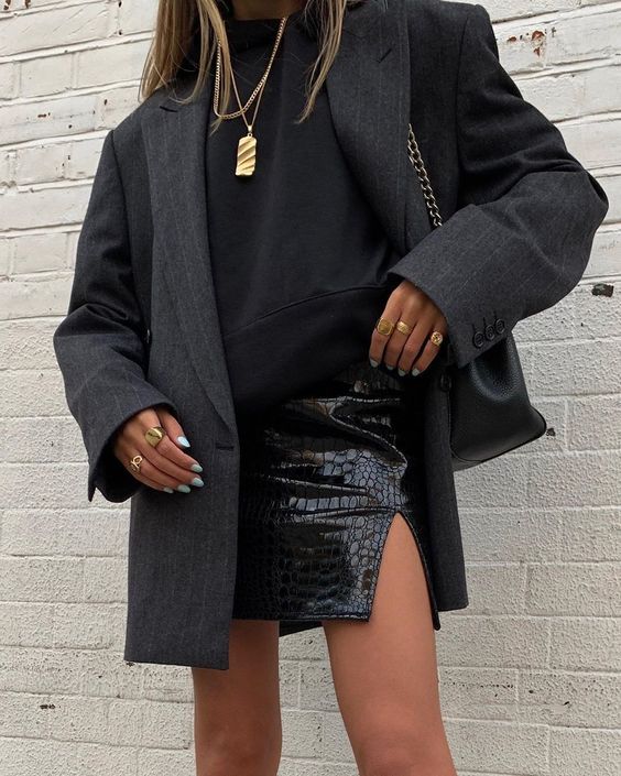 a black sweatshirt, a black croco leather mini, a grey oversized blazer and a bag with chain are a trendy and bold look