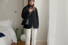 14 a comfortable winter outfit with white jeans, a black quilted jacket, black boots, a bag and a grey beanie