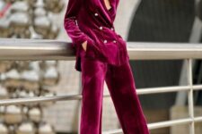 16 a magenta velvet pantsuit and gold shoes will be a fantastic combo for a special occasion
