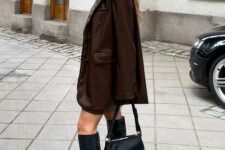 19 a brown reptile blazer, black knee boots and a black bag are a stylish and trendy combo to rock