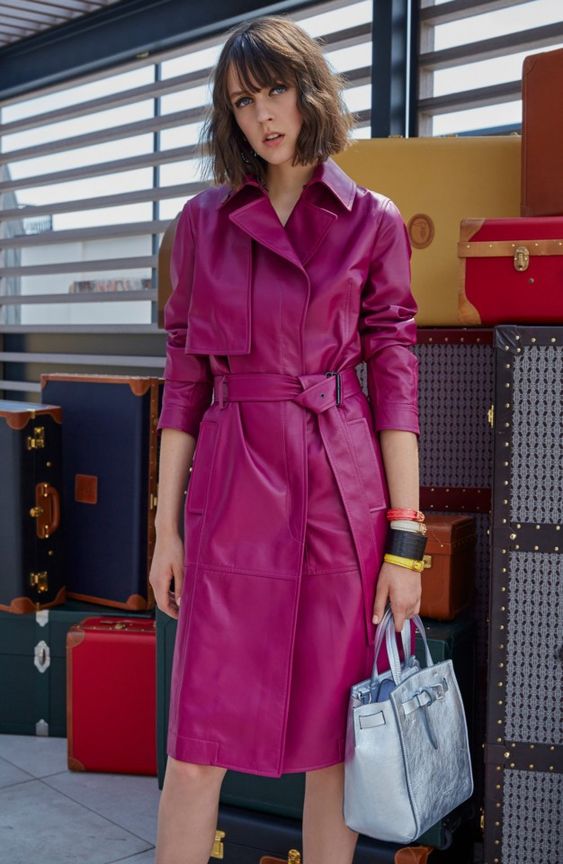 a fantastic magenta leather trench, a silver tote and an assortment of bangs are a gorgeous look for spring