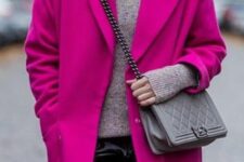 21 a grey turtleneck, black leather pants, a magenta coat and a grey bag are a lovely and bold look for winter