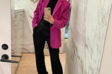 24 a black tee, black trousers, black mules and a fuchsia oversized blazer for a chic and bold spring work look