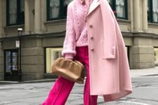 25 a blush sweater with a bow and a matching coat, magenta pants, black boots and a nude bag are a lovely look for winter