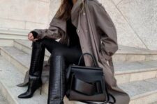 26 a black top, black leggings, black croco leather boots, a taupe trench and a black bag for the fall