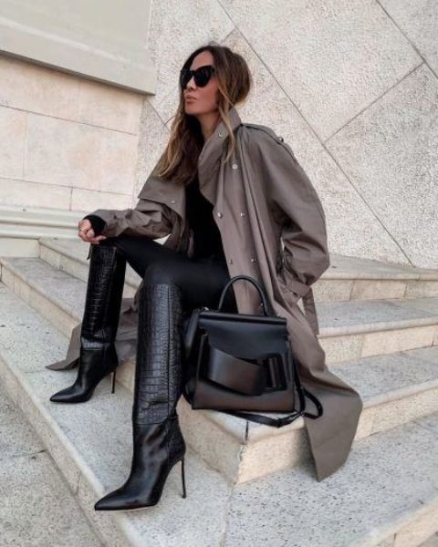 a black top, black leggings, black croco leather boots, a taupe trench and a black bag for the fall