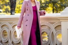 26 a lovely spring look with a magenta slip midi dress, a plaid coat, white boots and a white bag plus a chain necklace