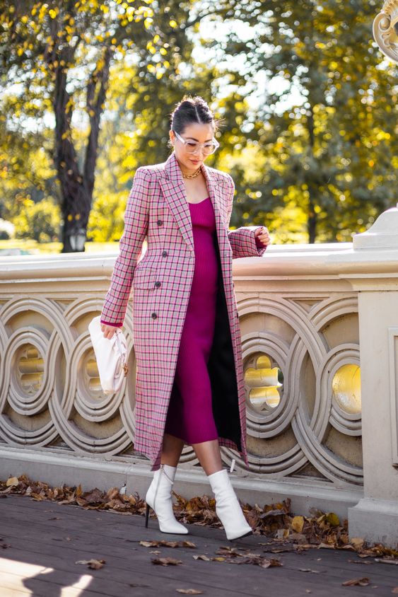 a lovely spring look with a magenta slip midi dress, a plaid coat, white boots and a white bag plus a chain necklace