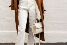 27 a white jumper, white cropped jeans, brown snakeskin print boots, a brown leather trench and a creamy bag