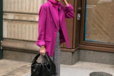 28 a magenta sweater and blazer, grey plaid cropped pants, pink shoes and a black bag for a super bold work look