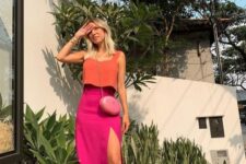 30 a summer outfit with an orange crop top, a magenta pencil midi skirt with a slit, a pink bag and white slippers