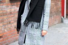 With black fringe scarf, gray cuffed jeans and black patent leather ankle boots