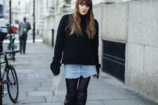 With black tights, black leather over the knee boots and white clutch