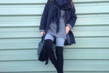 With gray long sweater, light blue skinny jeans, blue scarf, black leather bag and black suede over the knee boots