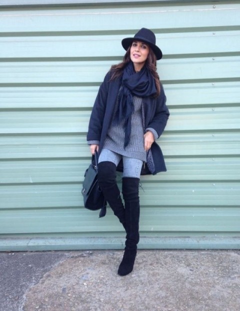 With gray long sweater, light blue skinny jeans, blue scarf, black leather bag and black suede over the knee boots