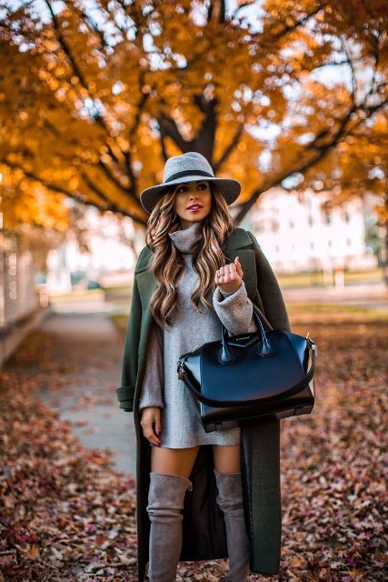 With gray turtleneck sweater dress, gray suede over the knee boots and black leather tote bag