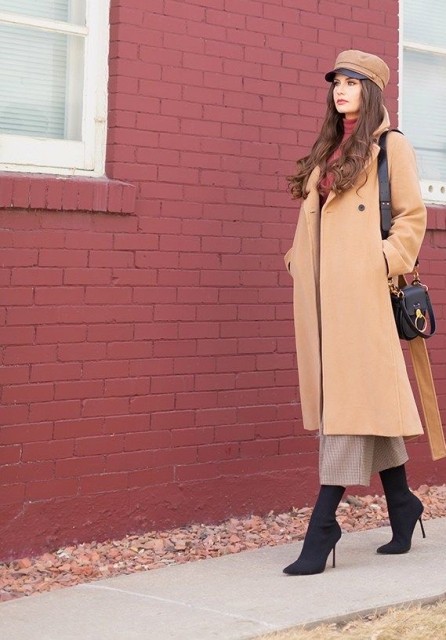 With marsala turtleneck, checked culottes, black leather bag and black mid calf boots
