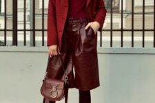 With marsala tweed blazer, black tights, black leather platform mid calf boots and marsala leather mini bag