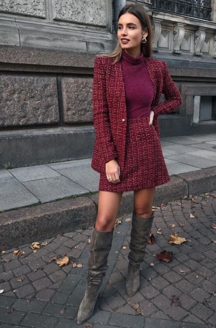 With silver earrings, marsala tweed blazer and gray suede high boots