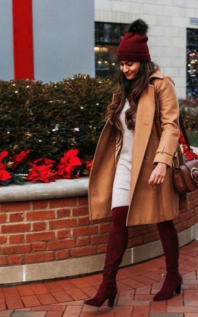With white mini dress, marsala suede over the knee boots and brown leather bag