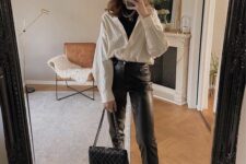 a work outfit with leather pants