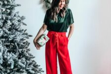 a green velvet top, red high waisted pants, leopard print shoes are a lovely Christmas outfit