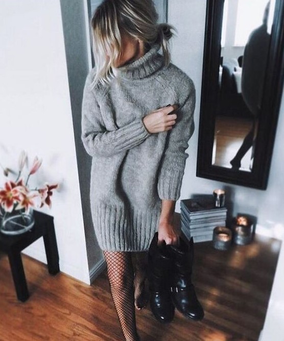 a grey sweater mini dress with a turtleneck and long sleeves, net tights and black boots - just add statement accessories and go