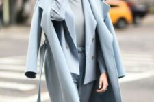 a powder blue outfit with a pantsuit, a turtleneck, a midi coat is super elegant and super chic idea