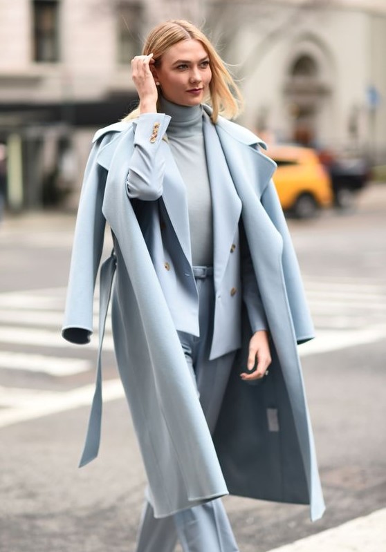 a powder blue outfit with a pantsuit, a turtleneck, a midi coat is super elegant and super chic idea