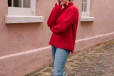 a red sweater, blue cropped jeans, pink bow heels and statement earrings are amazing for Christmas