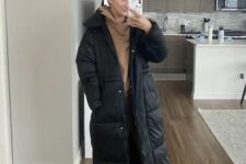 a winter sport chic look with a beige hoodie and sweatpants, white sneakers, a black puffer coat is easy to recreate