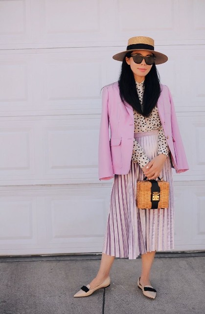 With beige and black wide brim hat, leopard prined button down blouse, beige and black bag and beige and black flat shoes