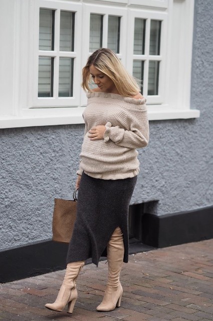 With beige off the shoulder ruffled sweater and light brown tote bag
