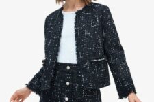 With black and white tweed button front mini skirt