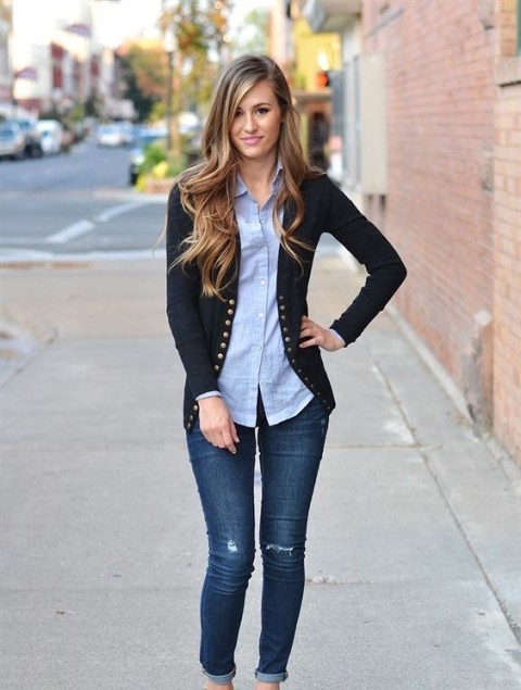 With blue distressed skinny cuffed jeans and beige high heels