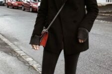 With dark gray loose turtleneck sweater, red chain strap bag and gray and white platform shoes