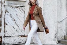 With earrings, brown long blazer, brown and black straw bag and beige leather heeled boots