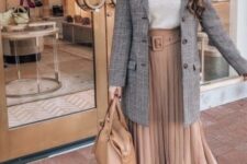 With light gray sweater, light brown leather tote bag and brown suede pumps