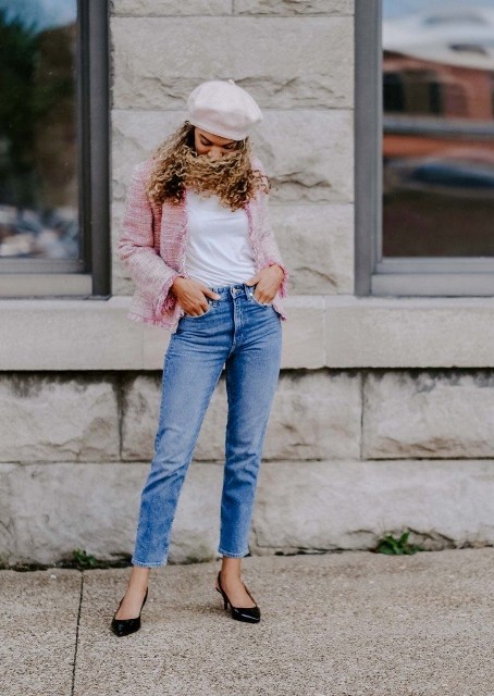 With white beret, blue jeans and black patent leather low heeled shoes