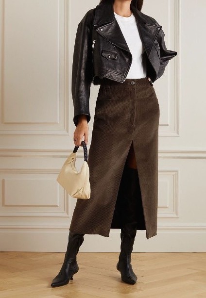 With white t-shirt, black leather crop jacket and beige and black leather bag
