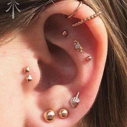 bright and catchy ear styling with a triple lobe, triple flat, double helix and double tragus piercing done with gold studs and hoops